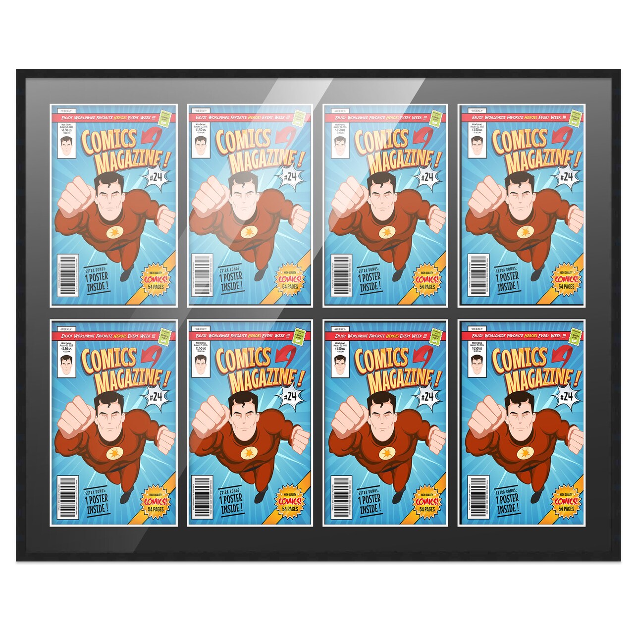 Comic Book Frame with Mat for 8 Current Era Comics Published After 1985 - Black Wood Comic Frame With Black Mat for 6.875x10.5 Comics - 37.5x26.5 Frame Size